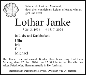 Traueranzeige von Lothar Janke von Westfalen Blatt