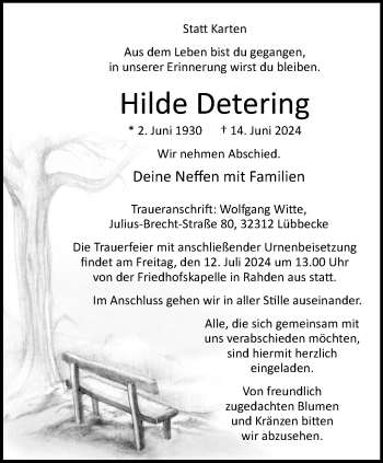 Traueranzeige von Hilde Detering von Westfalen Blatt