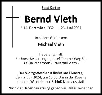 Traueranzeige von Bernd Vieth von Westfalen Blatt