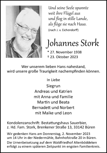 Traueranzeige von Johannes Stork von Westfalen Blatt