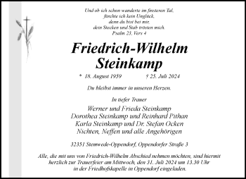 Traueranzeige von Friedrich-Wilhelm Steinkamp von Westfalen Blatt