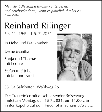 Traueranzeige von Reinhard Rilinger von Westfalen Blatt