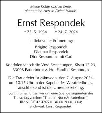 Traueranzeige von Ernst Respondek von Westfalen Blatt