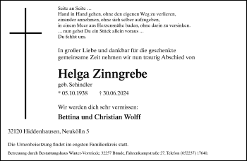 Traueranzeige von Helga Zinngrebe von Westfalen Blatt