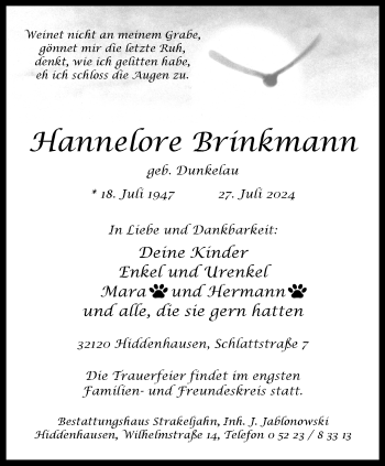 Traueranzeige von Hannelore Brinkmann von Westfalen Blatt