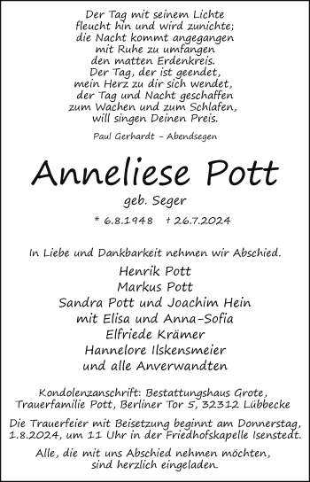 Traueranzeige von Anneliese Pott von Westfalen Blatt