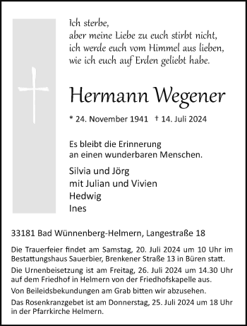 Traueranzeige von Hermann Wegener von Westfalen Blatt