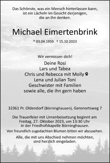 Traueranzeige von Michael Eimertenbrink von Westfalen Blatt