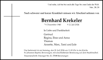 Traueranzeige von Bernhard Krekeler von Westfalen Blatt