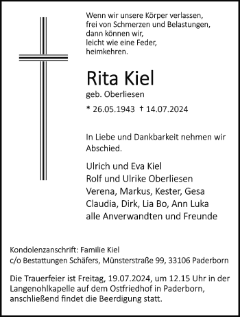 Traueranzeige von Rita Kiel von Westfalen Blatt