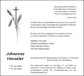 Traueranzeige von Johannes Henseler von Westfalen Blatt