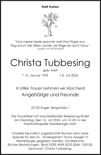 Traueranzeige von Christa Tubbesing von Westfalen Blatt