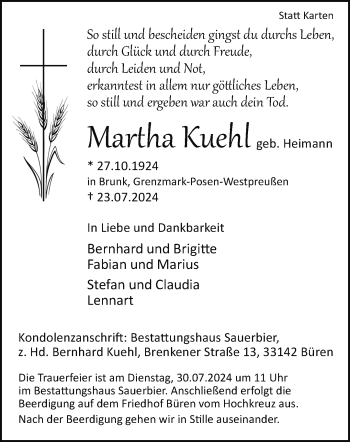 Traueranzeige von Martha Kuehl von Westfalen Blatt