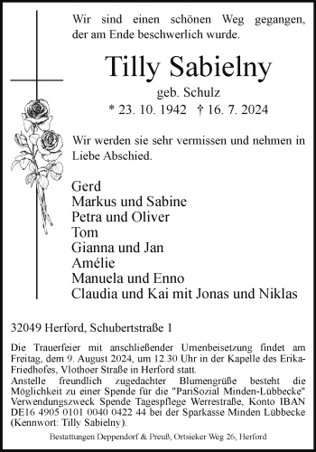 Traueranzeige von Tilly Sabielny von Westfalen Blatt