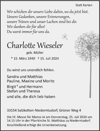 Traueranzeige von Charlotte Wieseler von Westfalen Blatt