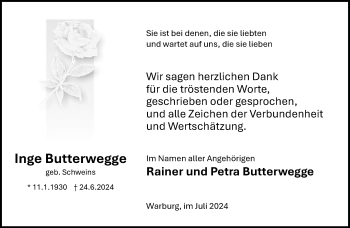 Traueranzeige von Inge Butterwegge von Westfalen Blatt