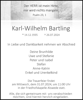 Traueranzeige von Karl-Wilhelm Bartling von Westfalen Blatt