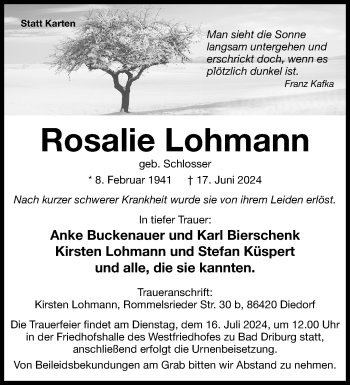 Traueranzeige von Rosalie Lohmann von Westfalen Blatt