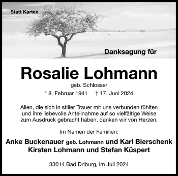 Traueranzeige von Rosalie Lohmann von Westfalen Blatt