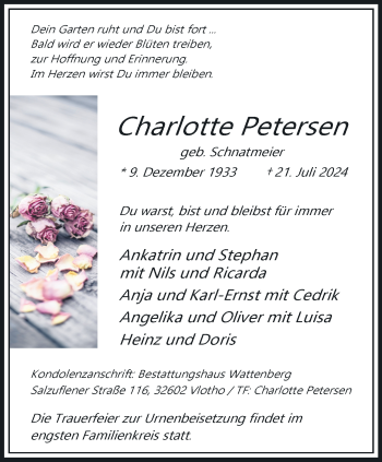 Traueranzeige von Charlotte Petersen von Westfalen Blatt