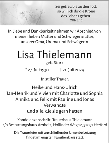 Traueranzeige von Lisa Thielemann von Westfalen Blatt