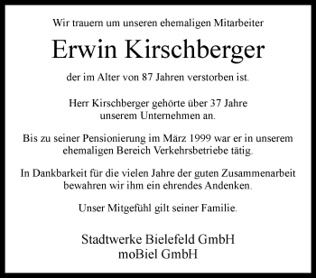 Traueranzeige von Erwin Kirschberger von Westfalen Blatt