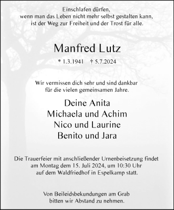 Traueranzeige von Manfred Lutz von Westfalen Blatt