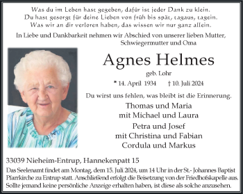 Traueranzeige von Agnes Helmes von Westfalen Blatt