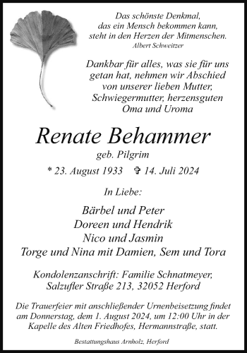 Traueranzeige von Renate Behammer von Westfalen Blatt