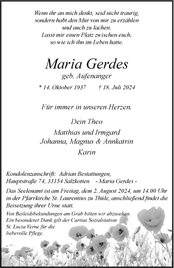 Traueranzeige von Maria Gerdes von Westfalen Blatt