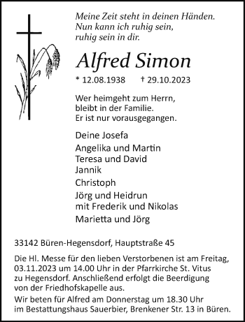 Traueranzeige von Alfred Simon von Westfalen Blatt