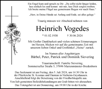 Traueranzeige von Heinrich Vogedes von Westfalen Blatt