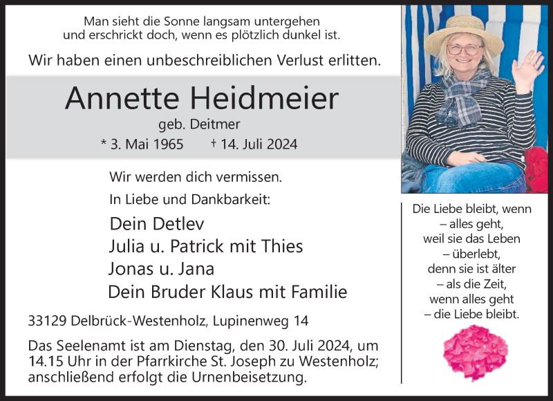  Traueranzeige für Annette Heidmeier vom 17.07.2024 aus Westfalen Blatt