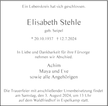 Traueranzeige von Elisabeth Stehle von Westfalen Blatt