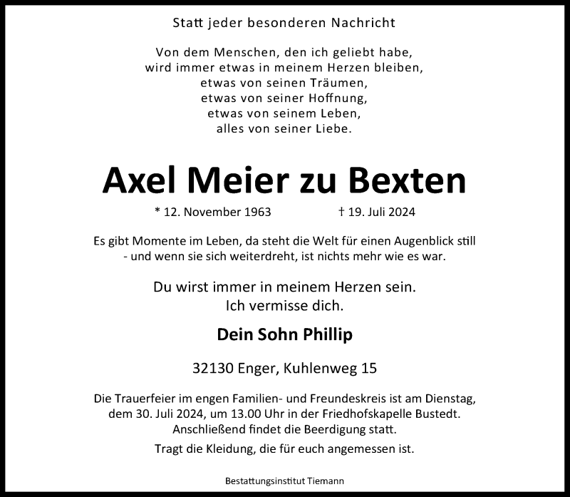  Traueranzeige für Axel Meier zu Bexten vom 27.07.2024 aus Westfalen Blatt