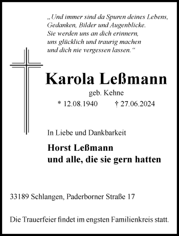 Traueranzeige von Karola Leßmann von Westfalen Blatt