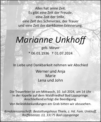 Traueranzeige von Marianne Unkhoff von Westfalen Blatt