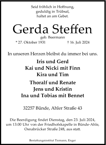 Traueranzeige von Gerda Steffen von Westfalen Blatt