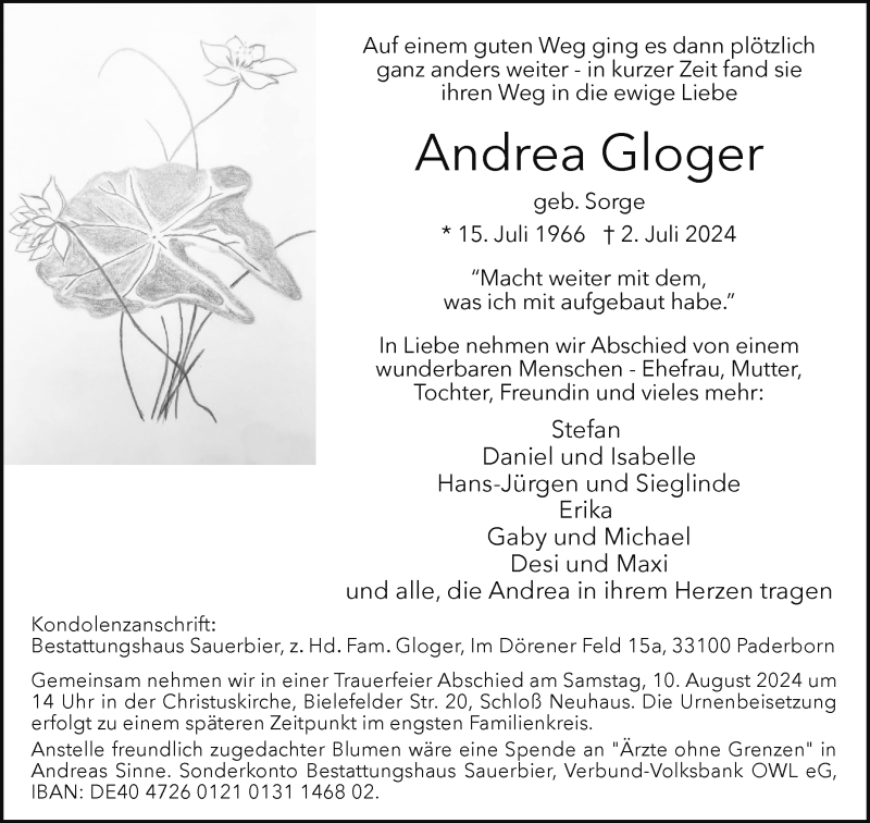  Traueranzeige für Andrea Gloger vom 13.07.2024 aus Westfalen Blatt