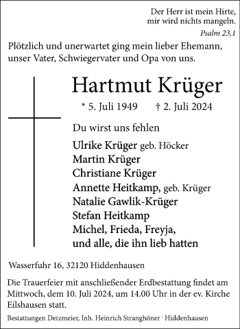 Traueranzeige von Hartmut Krüger von Westfalen Blatt