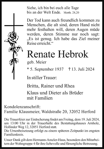 Traueranzeige von Renate Hebrok von Westfalen Blatt