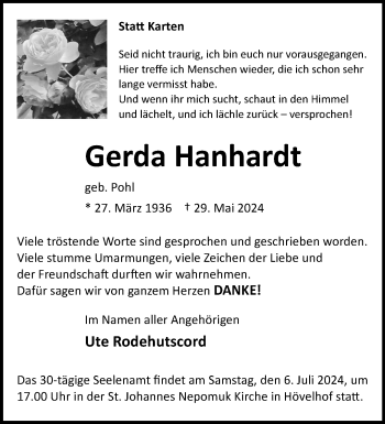 Traueranzeige von Gerda Hanhardt von Westfalen Blatt