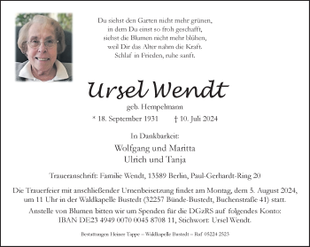 Traueranzeige von Ursel Wendt von Westfalen Blatt