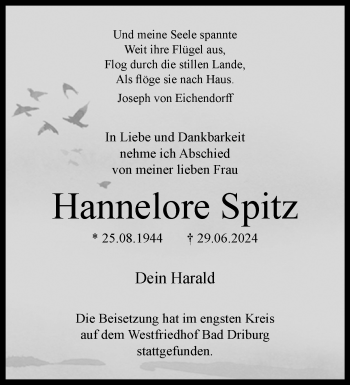 Traueranzeige von Hannelore Spitz von Westfalen Blatt