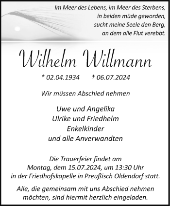 Traueranzeige von Wilhelm Willmann von Westfalen Blatt