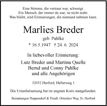 Traueranzeige von Marlies Breder von Westfalen Blatt