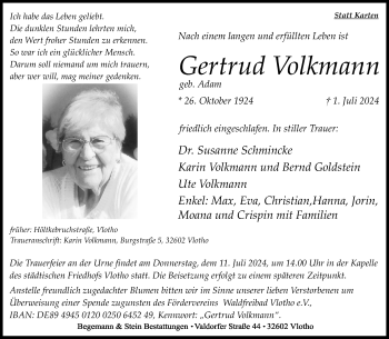 Traueranzeige von Gertrud Volkmann von Westfalen Blatt