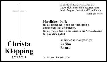 Traueranzeige von Christa Klöpping von Westfalen Blatt