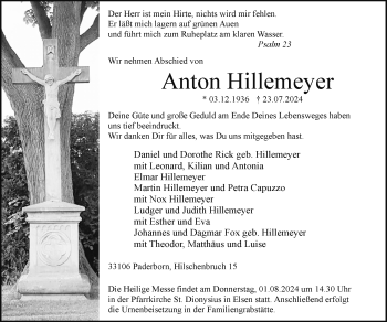 Traueranzeige von Anton Hillemeyer von Westfalen Blatt