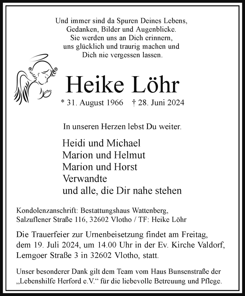  Traueranzeige für Heike Löhr vom 05.07.2024 aus Westfalen Blatt